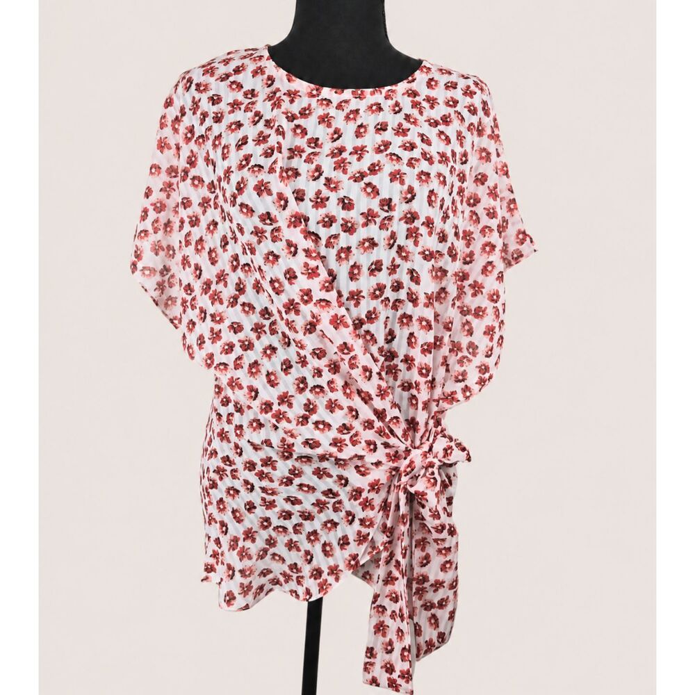 Neiman Marcus Pink Floral Tie Waist Wrap Blouse Garden Party Coquette Romantic